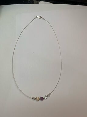 Delicate Silver Necklace with Multicolor Gem Beads